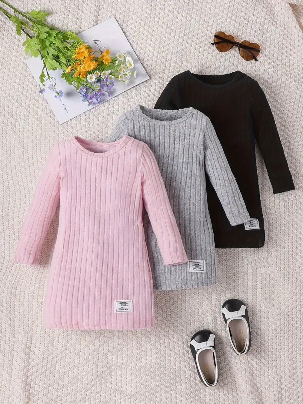 Ribbed Long-Sleeve Knit Top for Kids - Pink, Gray, Black